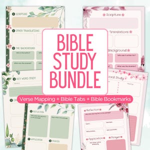 May include: A Bible study bundle featuring printable pages with floral designs in green and pink. The text reads BIBLE STUDY BUNDLE and Verse Mapping + Bible Tabs + Bible Bookmarks. The pages include sections for scripture, background, keyword study, reflection, and prayer.