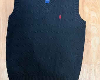 Vintage  Polo by Ralph Lauren boys cable knit black sweater vest with red pony size Medium