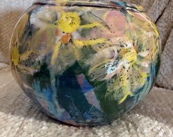 Vintage 1996 R Kunkel kleine florale abstrakte Kunst Dose mit kleinem Makel (siehe Bilder und Beschreibung)