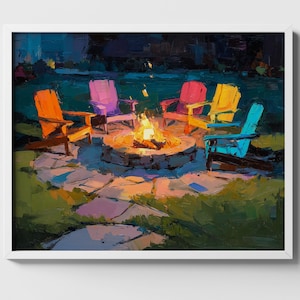 Feestelijke zomervuurplaats, levendige Adirondack-stoelen schilderij (digitale download) 828