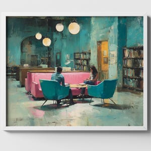 Cozy Library Lounge Painting, Warm Retro Decor with Pink Sofa and Teal Chairs (Digital Download) 863