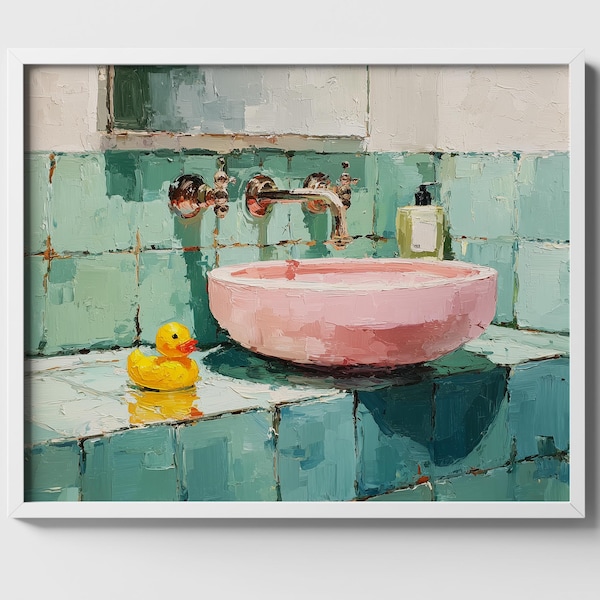 Decoración de dopamina colorida y brillante, arte de pared imprimible para baño retro, lavabo rosa, azulejos menta, bodegón pastel divertido, lámina de arte para cocina 835