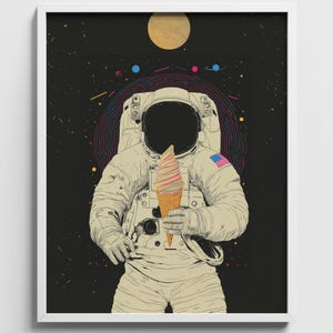 アイスクリームコーンを持った宇宙飛行士、遊び心のあるレトロな宇宙アートポスター（デジタルダウンロード）732