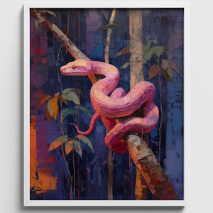 Moody Hot-Pink Python in Tree, Dopamine Decor Art Print, Bold Contemporary Statement, Vibrant Rustic Painting, Printable Wall Art 818