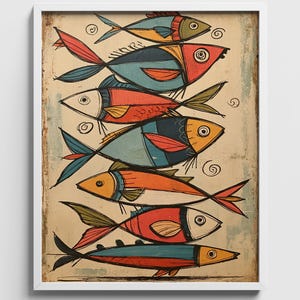 May include: A framed art print depicting seven stylised fish in a vertical arrangement. The fish are in various colours, including red, blue, orange, and yellow, with unique patterns. The artwork has a vintage, textured appearance, reminiscent of a painting.