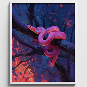 Pitón rosa intenso y melancólico en un árbol: arte serpenteante de neón dramático, decoración de dopamina, arte paisajístico forestal moderno, descarga digital imprimible 792