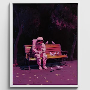 Astronaut on Neon Park Bench, Surreal Night Sci-fi Scene (Digital Download) 738