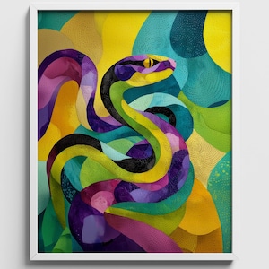 Arte moderno y colorido de pitón: serpiente psicodélica imprimible, arte gráfico con patrones llamativos, tinta y acuarela abstracta contemporánea 157