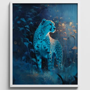 Humeurig cyaan cheetah afdrukbaar - neon wildlife kunst, modern dopamine decor, digitaal schilderen, opvallend blauw en goud Home Wall Art download 800
