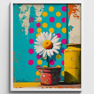 Margarita retro en maceta con efecto moteado de pintura, estilo chic de lunares turquesa (descarga digital) 126