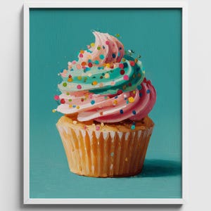 Charming Cupcake Painting in Teal, Playful Kitchen Decor (Digital Download) 999