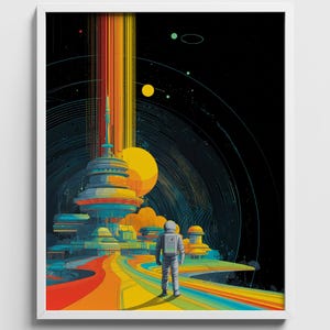 Retro-Futuristic Cosmic Astronaut, Psychedelic Space City Wall Art (Digital Download) 724
