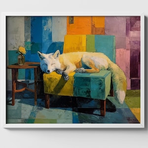 Colorful Fox on Patchwork Chair - Maximalist Modern Abstract Art, Playful Animal Painting, Cozy Printable Decor, Digital Download 220