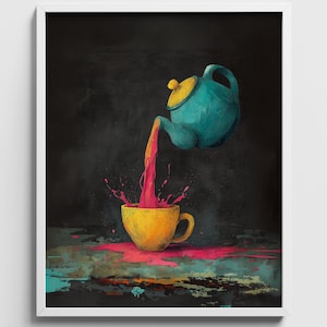 Una teiera color verde acqua si tinge di magenta in una tazza color senape, un dipinto moderno e audace (download digitale) 327