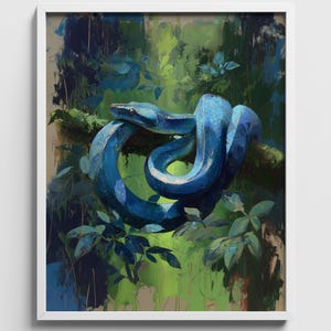 Arte imprimible inspirado en la jungla melancólica, pintura dramática de una boa azul cobalto, impresión artística de decoración de dopamina, decoración de pared de jungla exótica, digital 806