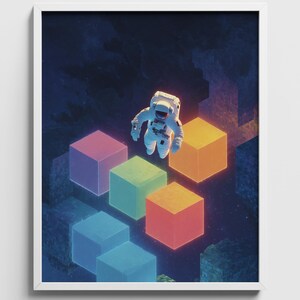 Astronaut in Neon Space, Sci-Fi Digital Art with Glowing Cubes (Digital Download) 729
