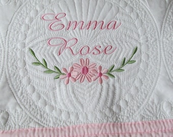 Personalized Baby Quilt: Creamy White Cotton with Pink Floral Embroidery