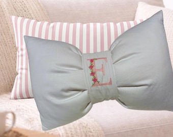 Bow Pillow monogrammed with initial and Rose Embroidery, Nursery Decor