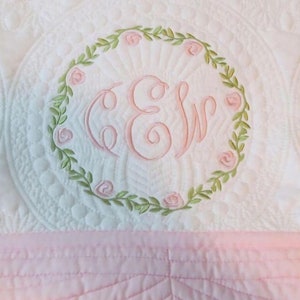 Monogrammed Baby Quilt: Pink Floral Wreath, Personalized Blanket