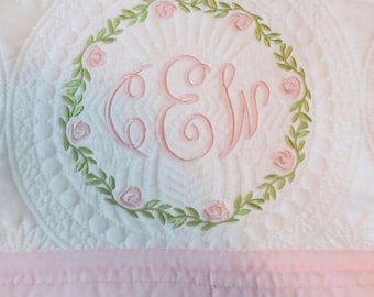 Monogrammed Baby Quilt: Pink Floral Wreath, Personalized Blanket