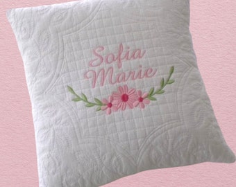 Monogrammed pillow, Baby pillow, Nursery pillow, Personalized pillow, Embroidered pillow, Quilted pillow.