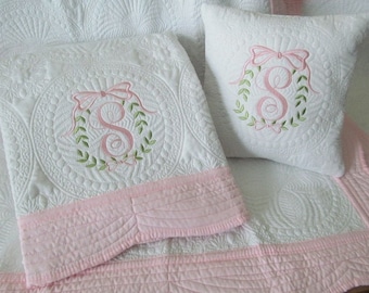 Monogrammed Baby Quilt and Pillow Set: Creamy White Cotton