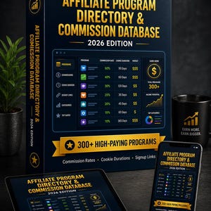May include: A dark blue box set titled Affiliate Program Directory & Commission Database 2026 Edition, featuring a digital dashboard graphic with commission rates, cookie durations, and payout data, accompanied by a tablet and smartphone displaying the same.