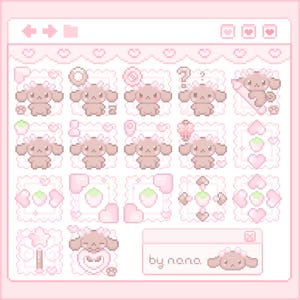 May include: A digital pixel art sheet featuring a light pink window interface with multiple icons of a small brown puppy character. The grid displays various expressions and poses of the puppy, alongside strawberry and heart motifs, with the text by nana.