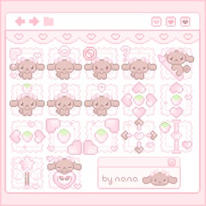 May include: A digital pixel art sheet featuring a collection of light pink icons and stickers. The design includes multiple variations of a small brown puppy character, strawberries, hearts, and a text box with the words by nana.