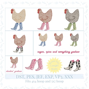 Puede incluir: Diseño de bordado con gallinas con botas de vaquero de varios colores. Incluye el texto "sugar, spice and everything yeehaw" y "cluckin' yeehaw". Para bastidores de 4x4 y 5x7.