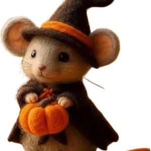 May include: A needle-felted mouse figurine wearing a dark brown witch hat with an orange band and a matching dark brown cape. The mouse has light brown fur, large ears, and is holding a small, bright orange pumpkin in its front paws.