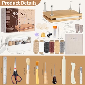 May include: A 50-piece bookbinding kit featuring a wooden press, a white storage bag, six spools of thread, needles, a metal ruler, scissors, brushes, awls, bone folders, a thimble, binder clips, and a fabric sheet, with dimensions labeled in inches.