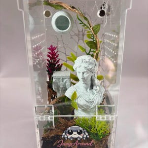 May include: A clear acrylic enclosure for small animals featuring a light grey bust of a classical figure, a miniature stone-like pillar, green artificial foliage, and brown moss. The front panel displays a cartoon spider and the text Jump Around.