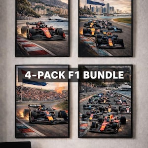 May include: Four framed F1 racing prints. Each print features Formula 1 cars racing on a track. One print shows a red car with a mountain backdrop. The text "4-PACK F1 BUNDLE" is displayed on one of the prints.