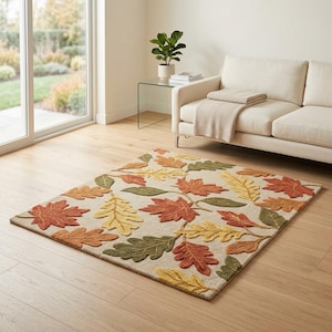 Autumn Leaf Area Rug Fall Leaves Carpet Beige Botanical Floor Rug Cozy Living Room Decor Thanksgiving Gift Housewarming Fall Decor