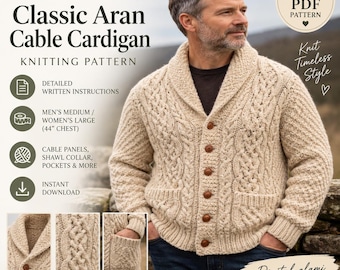 Patrón clásico de cárdigan Aran con trenzas / Suéter con cuello chal en PDF / Patrón de punto para hombre y mujer