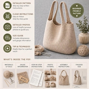 May include: A beige knitted tote bag with two handles, shown with knitting supplies and a PDF guide. The guide includes detailed instructions, photos, and a size guide. The finished bag is approximately 32 cm / 12.6 in wide.