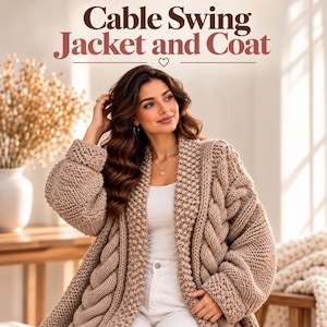 May include: A beige cable-knit cardigan featuring a textured pattern, long sleeves, and an open front. The text Cable Swing Jacket and Coat is displayed at the top. The garment is worn over a white top and white pants.