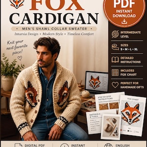 May include: A digital PDF knitting pattern for a Fox Cardigan. The pattern includes detailed instructions, a fox chart, and is designed for intermediate knitters. The cardigan features a shawl collar and a fox intarsia design.