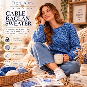 Può includere: Un modello di maglia digitale per un maglione raglan a trecce di Digital Alami. Il documento include il testo Cable Raglan Sweater, Instant Download, Sizes XS-XL, Intermediate Level e Detailed Instructions With Photos.