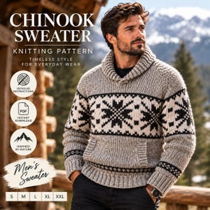 Könnte beinhalten: Ein grauer und schwarzer Strickpullover mit Schalkragen und Vordertasche, der ein geometrisches Schneeflockenmuster auf der Brust aufweist. Das Bild enthält den Text: CHINOOK SWEATER KNITTING PATTERN, DETAILED INSTRUCTIONS, PDF INSTANT DOWNLOAD, INSPIRED BY NATURE, MEN'S Sweater, S M L XL XXL.