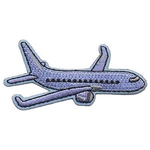 May include: Embroidered patch of a light purple airplane with a light blue outline. The airplane has black windows and a detailed design. This patch is suitable for jackets, bags, or other fabric items.