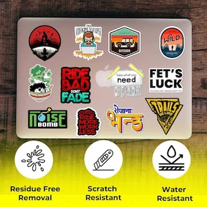 May include: A collection of colorful stickers on a laptop. The stickers feature various designs, including text, illustrations, and logos. Some stickers have phrases like "Ride Bad Don't Fade" and "Fet's Luck". The stickers are residue-free, scratch-resistant, and water-resistant.