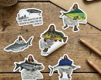 Funny Jesus Fishing Sticker, Christian Vinyl Decal, Fish Like Jesus, Waterproof Laptop Sticker Gift, Funny Sarcastic Sticker, Water Bottle