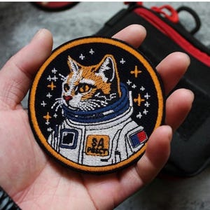 Space Astronaut Cat Morale Badge My Dream Embroidered Patches, Tactical Backpack Hook and Loop Sticker, Iron On Clothing Patches