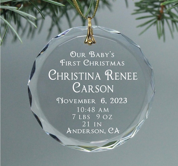 Our Baby's First Christmas - Engraved Personalized Crystal Ornament for New Parents with all the Statistics