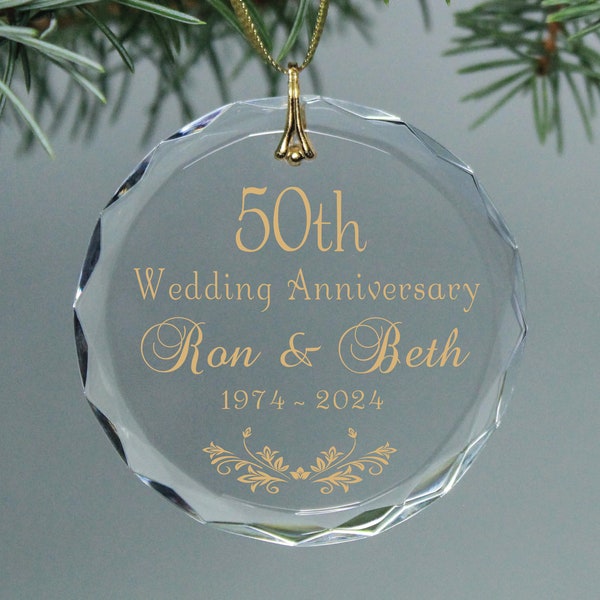 Golden 50th Wedding Anniversary Personalized Metallic Gold Couple's Names and Anniversary Date - Circle Keepsake Christmas Ornament