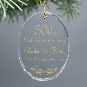 Gold 50th Golden Wedding Anniversary Keepsake Personalized Christmas Crystal Glass Ornament - Any Anniversary - Oval