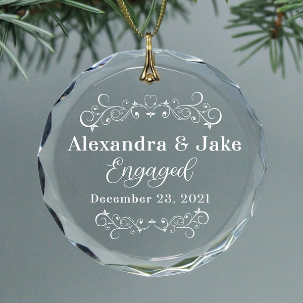 Engaged Couple's Engagement Date Keepsake Circle Personalized Christmas Crystal Ornament