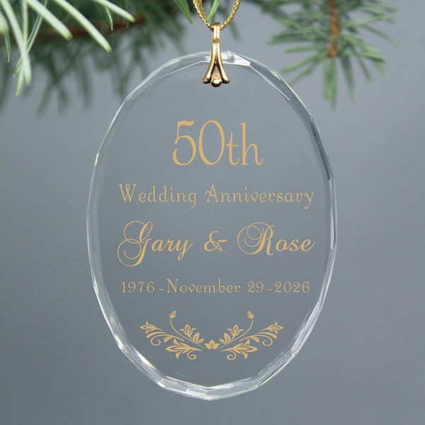 Gold 50th Golden Wedding Anniversary Keepsake Personalized Christmas Crystal Glass Ornament - Any Anniversary - Oval